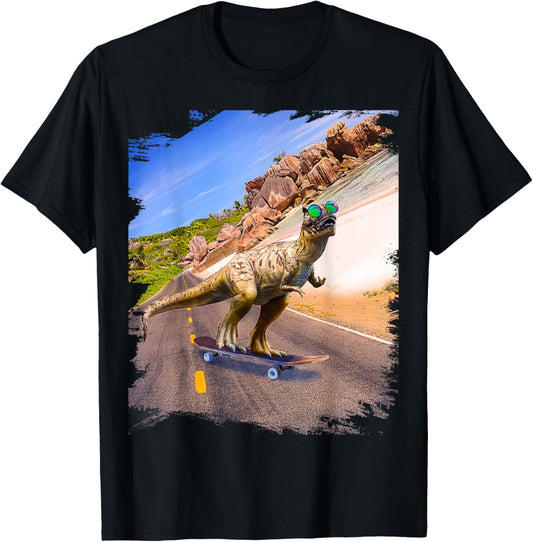 Dinosaur with sunglasses on skateboard on the beach T-Shirt