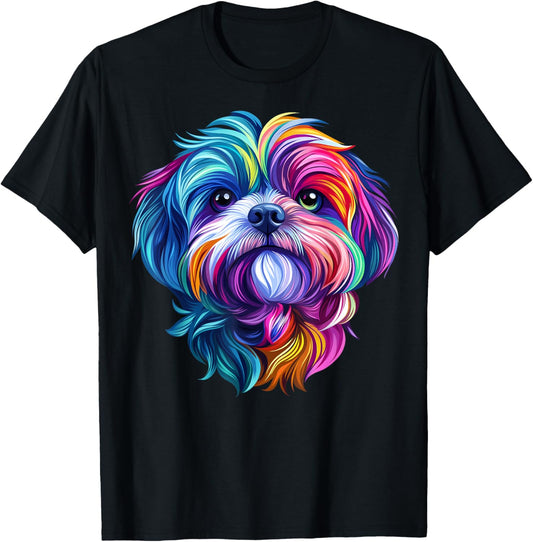 Colorful Shih Tzu Face Cute Puppy Dog Lover Men Women Black T-Shirt