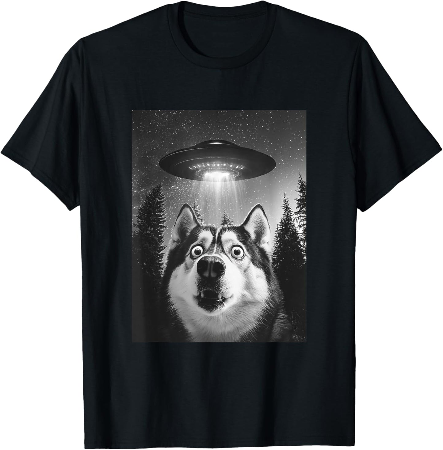 Surprised Siberian Husky Selfie With Alien UFO, funny dog T-Shirt