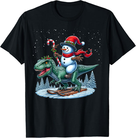 Snowman Riding Dinosaur Funny Ugly Christmas T-Rex Men Women T-Shirt