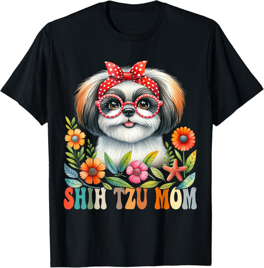 Shih Tzu Mom Dog Lover Mother's Day Retro Floral Women T-Shirt