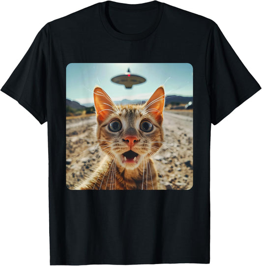 Extraterrestrial Encounter: Cat Selfie with Alien UFO T-Shirt