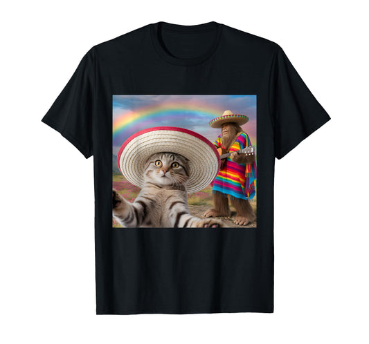 Funny Cat Selfie With Bigfoot Cinco de Mayo Men Women Kids T-Shirt