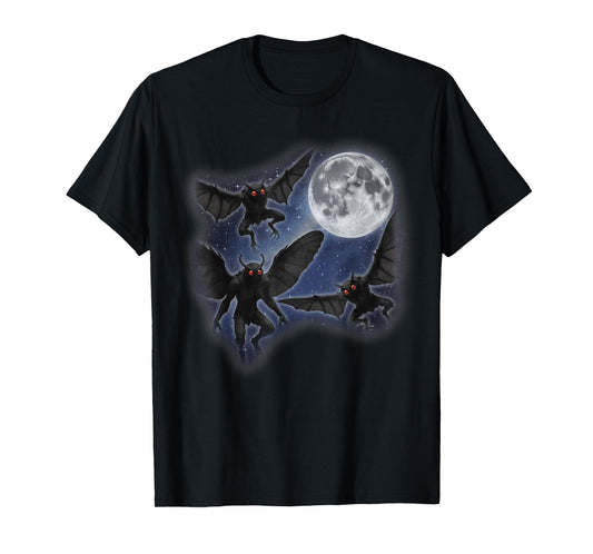 Three Mothman Moon 3 Howling At Moon Funny Weird Cursed T-Shirt