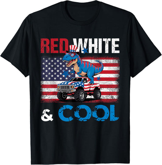T Rex Riding Monster Truck American Flag Happy 4th of July T-Shirt