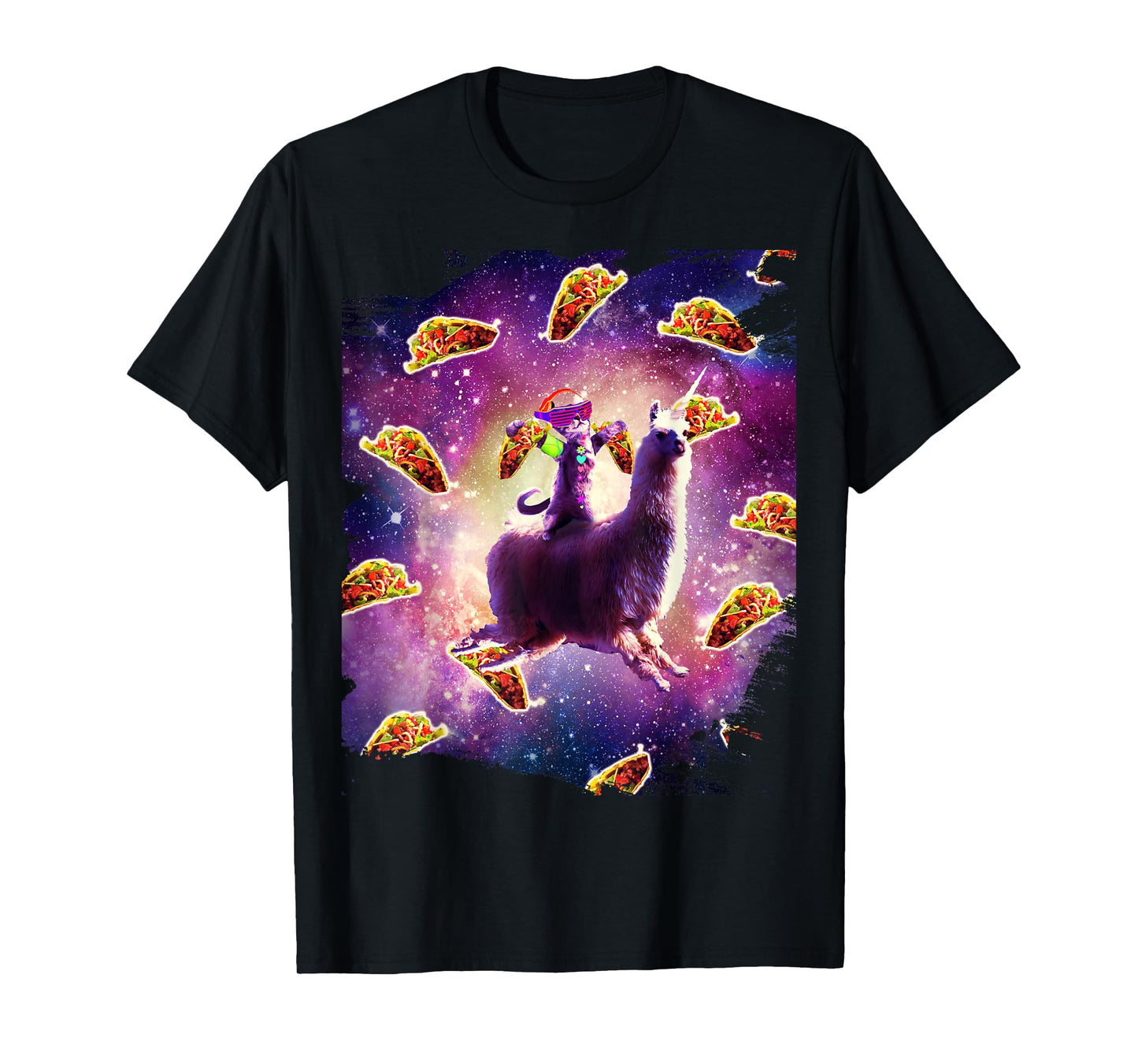 Rave Space Cat On Llama Unicorn - Taco T-Shirt