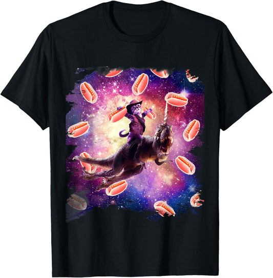Cowboy Space Cat On Dinosaur Unicorn - Hotdog T-Shirt