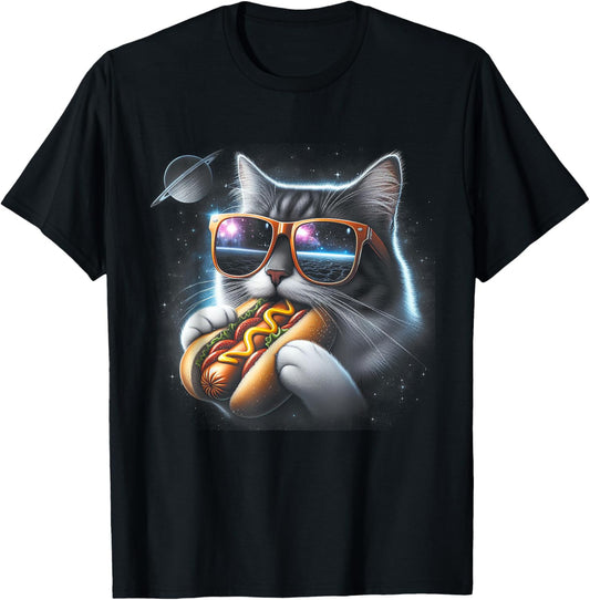 Cat Eating Funny Hot-Dog In Space Kit-Ty Gal-Axy Mens Womens T-Shirt