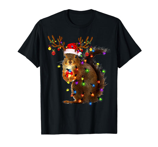 Funny Squirrel Christmas Tree Lights Reindeer Santa Hat Xmas T-Shirt