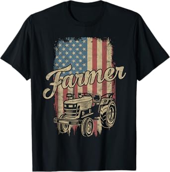 Farmer American Flag Retro Farming Tractor Usa Patrioticic Women Kids Men T-Shirt