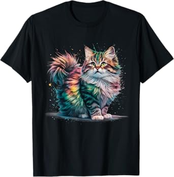 Cat Men Women Colourful Watercolour Cat T-Shirt