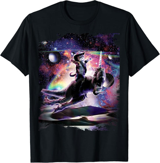 Galaxy Cat On Dinosaur Unicorn In Space T-Shirt