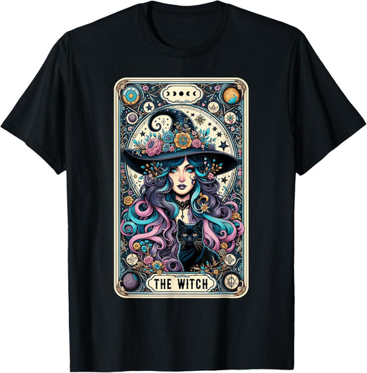 The Witch Cat Tarot Card Witch Vintage Gothic Halloween T-Shirt