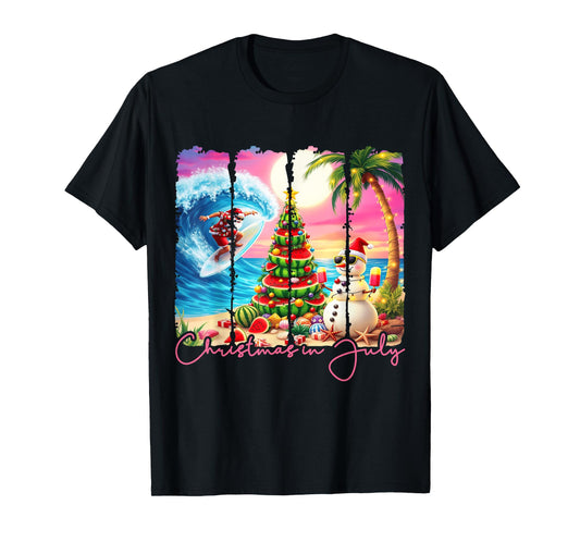 Summer Vibes Xmas in July Santa Surfing Beach Trip Tropical T-Shirt