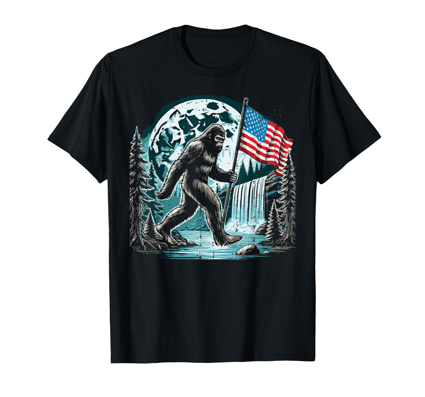 Bigfoot Sasquatch USA Flag Moon Patriotic Men Women Kids T-Shirt