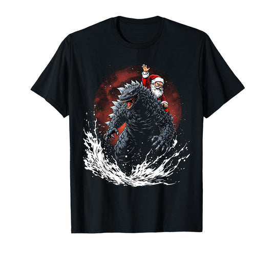 Santa Riding The Japanese Monster Kaiju for Christmas T-Shirt