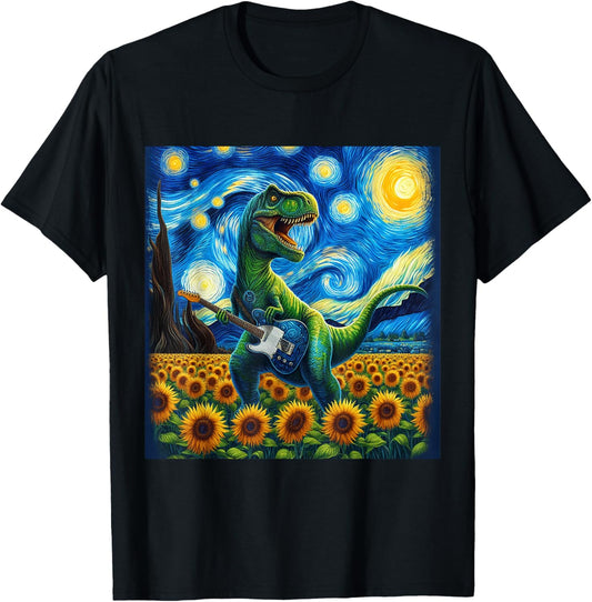 Dinosaur Starry Night Van Gogh Rock T Rex Playing Guitar T-Shirt