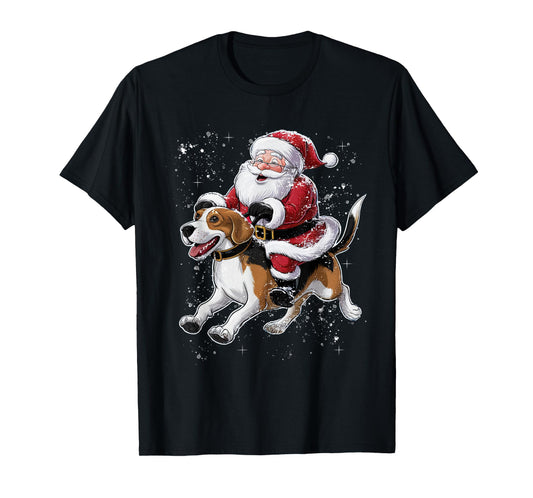 Funny Santa Claus Riding Beagle Dog Christmas T-Shirt for Men Women Kids
