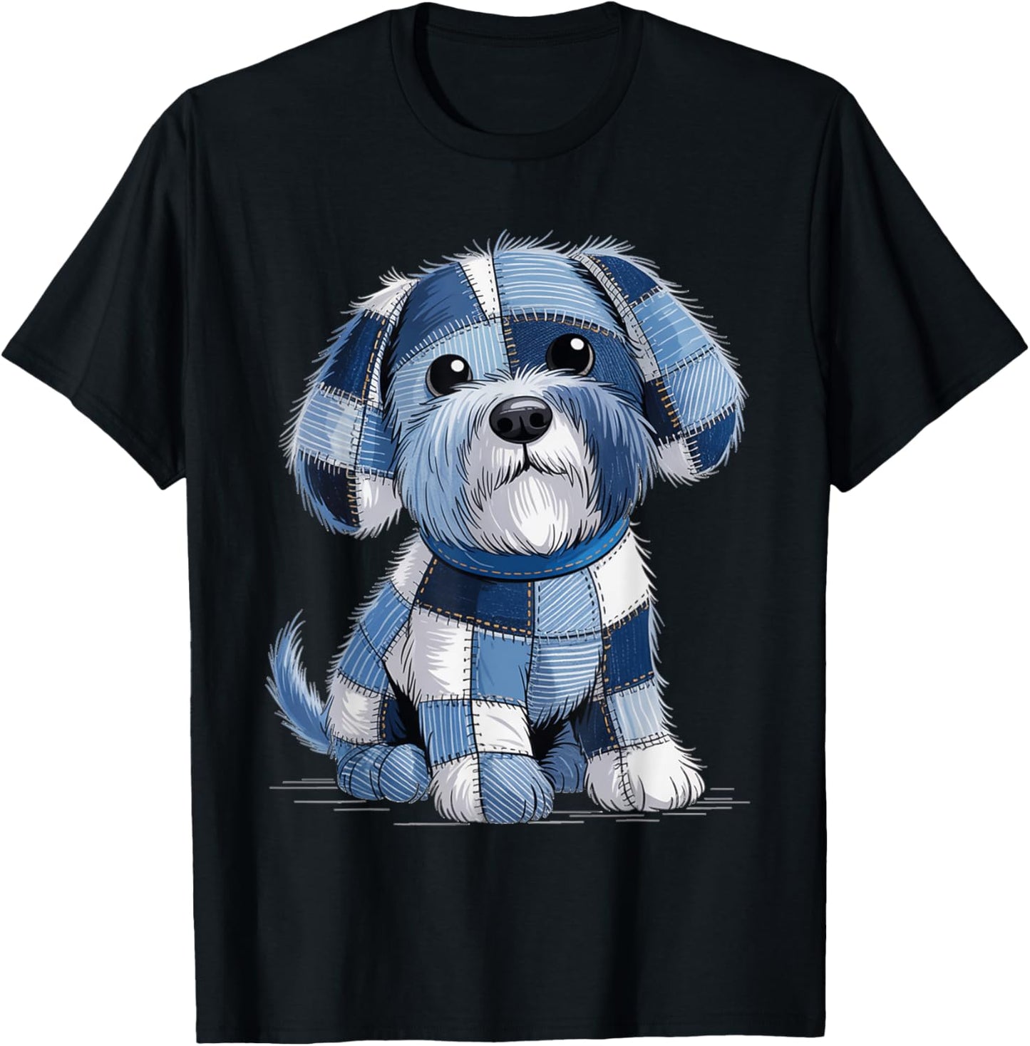Retro Funny Denim Patch Animal Dog Print T-Shirt
