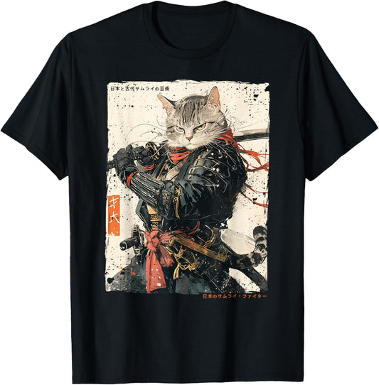 Samurai Cat Warrior Ukiyo Ink Artwork Cat Samurai T-Shirt