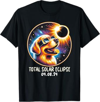 Solar Eclipse Golden Retriever Wearing Glasses April 8 2024 T-Shirt