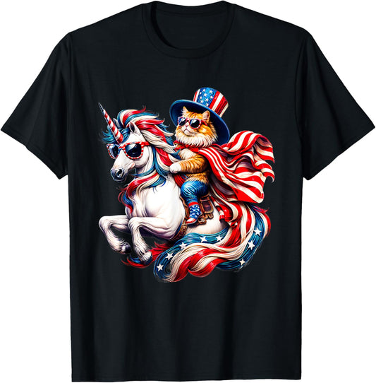 Cat riding Unicorn usa flag Patriotic 4th of July T-Shirt