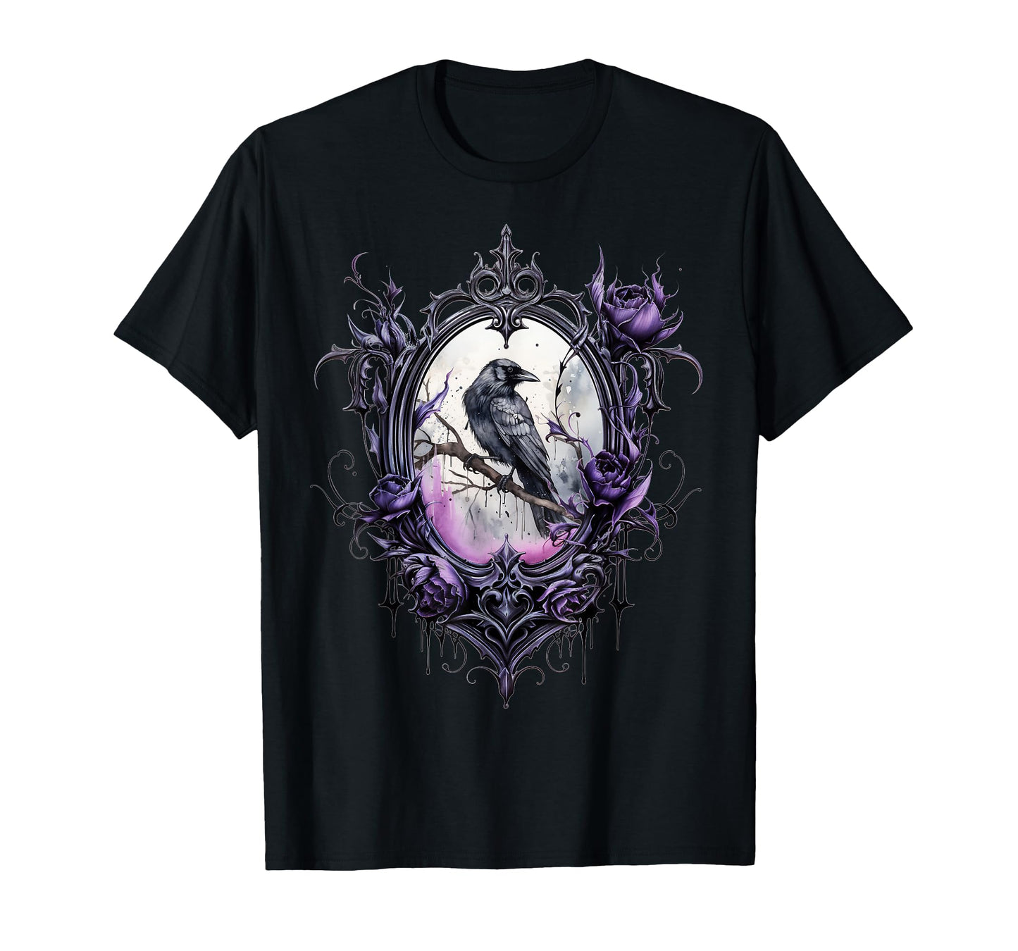 Gothic Halloween Raven Rose Purple Majestic Bird T-Shirt