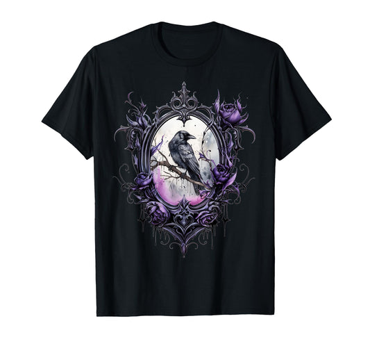 Gothic Halloween Raven Rose Purple Majestic Bird T-Shirt