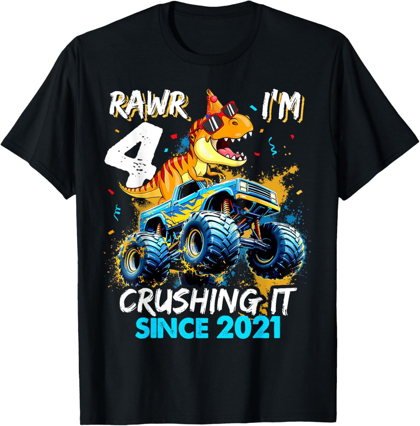 4th Birthday Monster Truck Dinosaur Party Boys Rawr I'm 4 T-Shirt