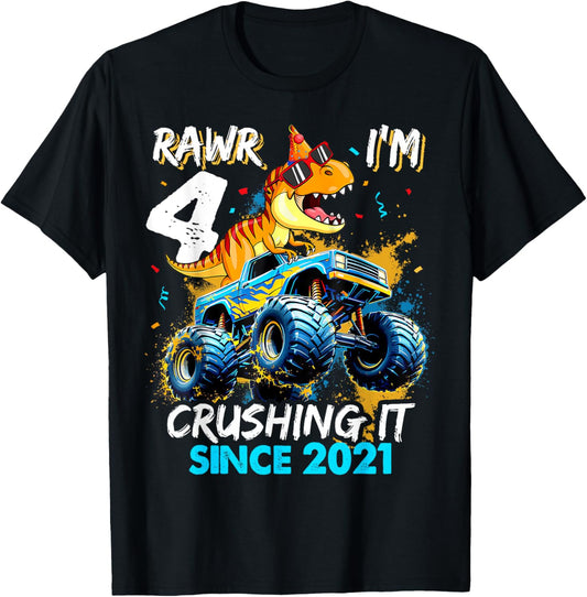 4th Birthday Monster Truck Dinosaur Party Boys Rawr I'm 4 T-Shirt
