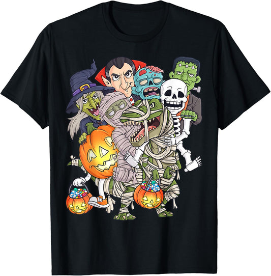 Halloween Skeleton Zombie Riding Mummy T Rex Funny Pumpkin T-Shirt