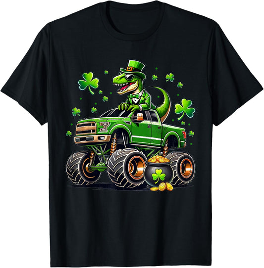 St Patricks Day Boys Toddler T-Rex Dinosaur Monster Truck T-Shirt