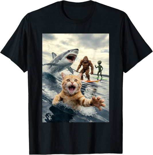 Funny Cat Surfing Bigfoot Alien Shark T-Shirt