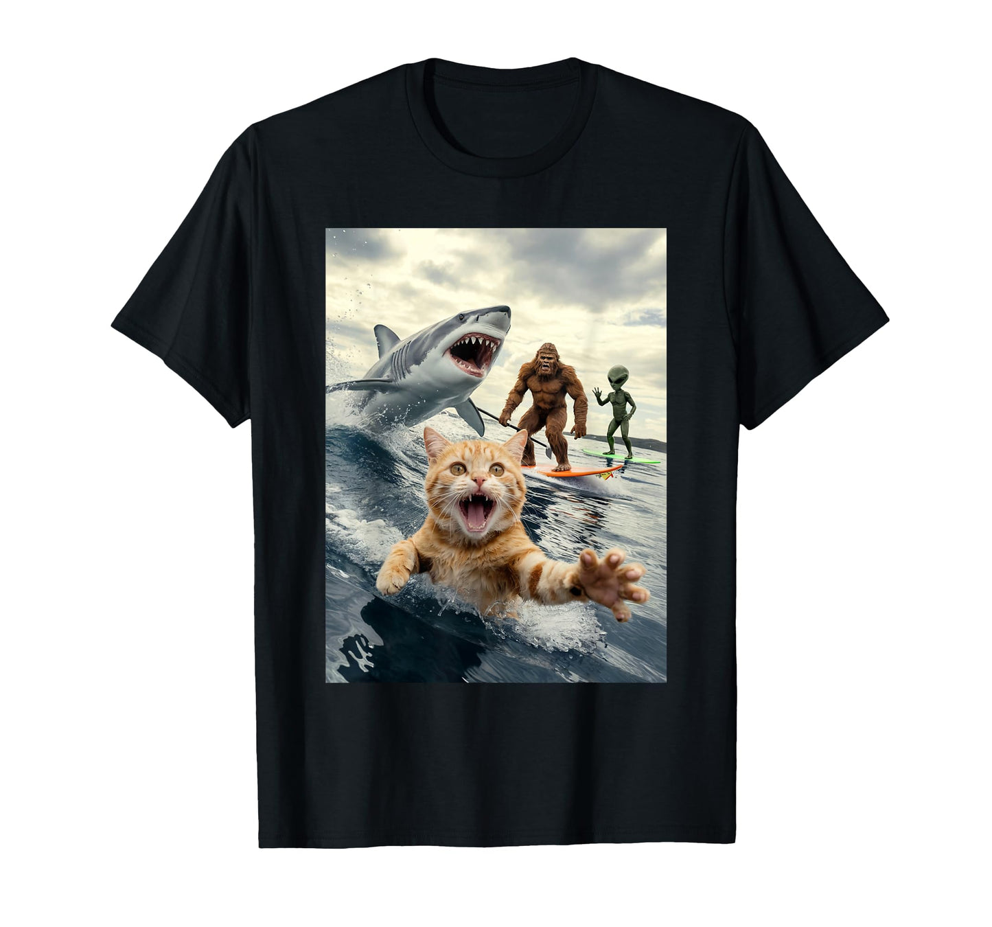 Funny Cat Surfing Bigfoot Alien Shark Men Women T-Shirt