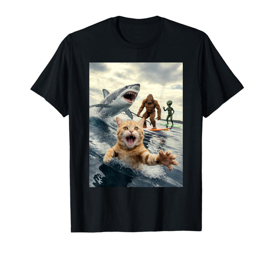 Funny Cat Surfing Bigfoot Alien Shark Men Women T-Shirt