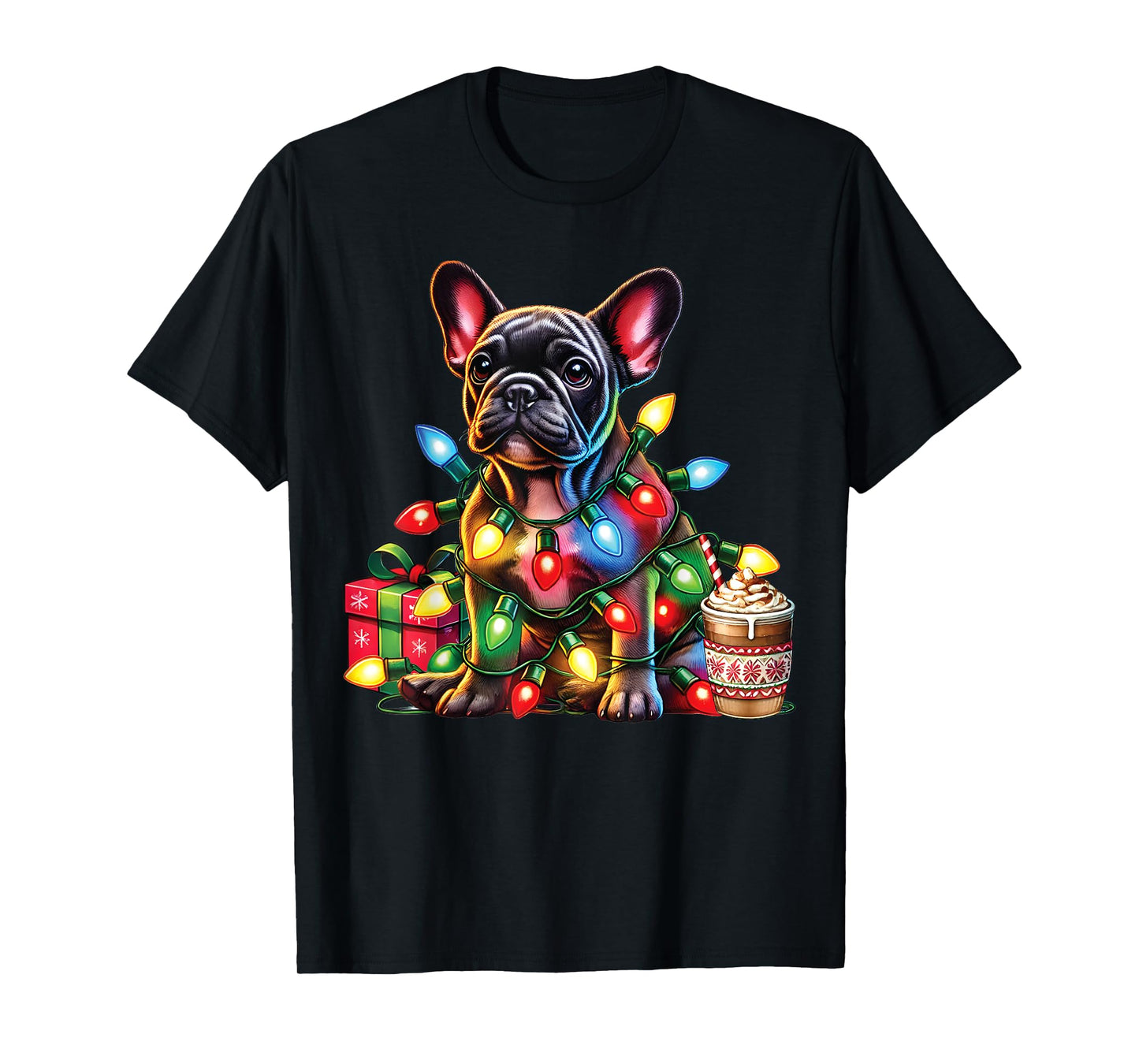 French bulldog Lovers Xmas Reindeer Antlers Christmas Lights Men Women Kids T-Shirt