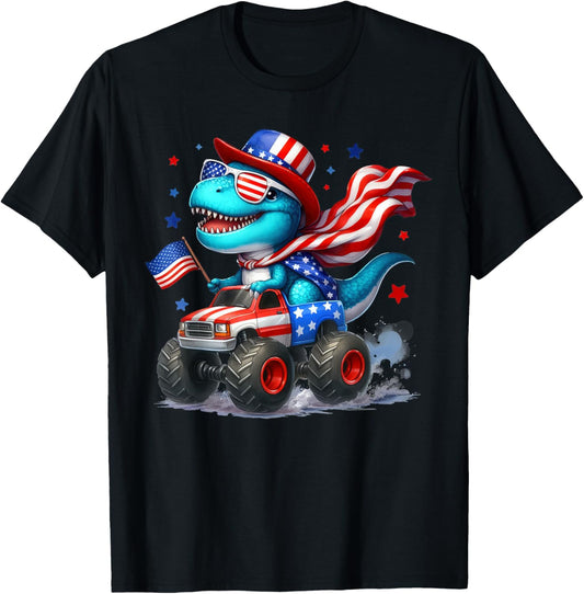 Dinosaur Riding Moster Truck Funny Happy Patriotic Day T-Shirt