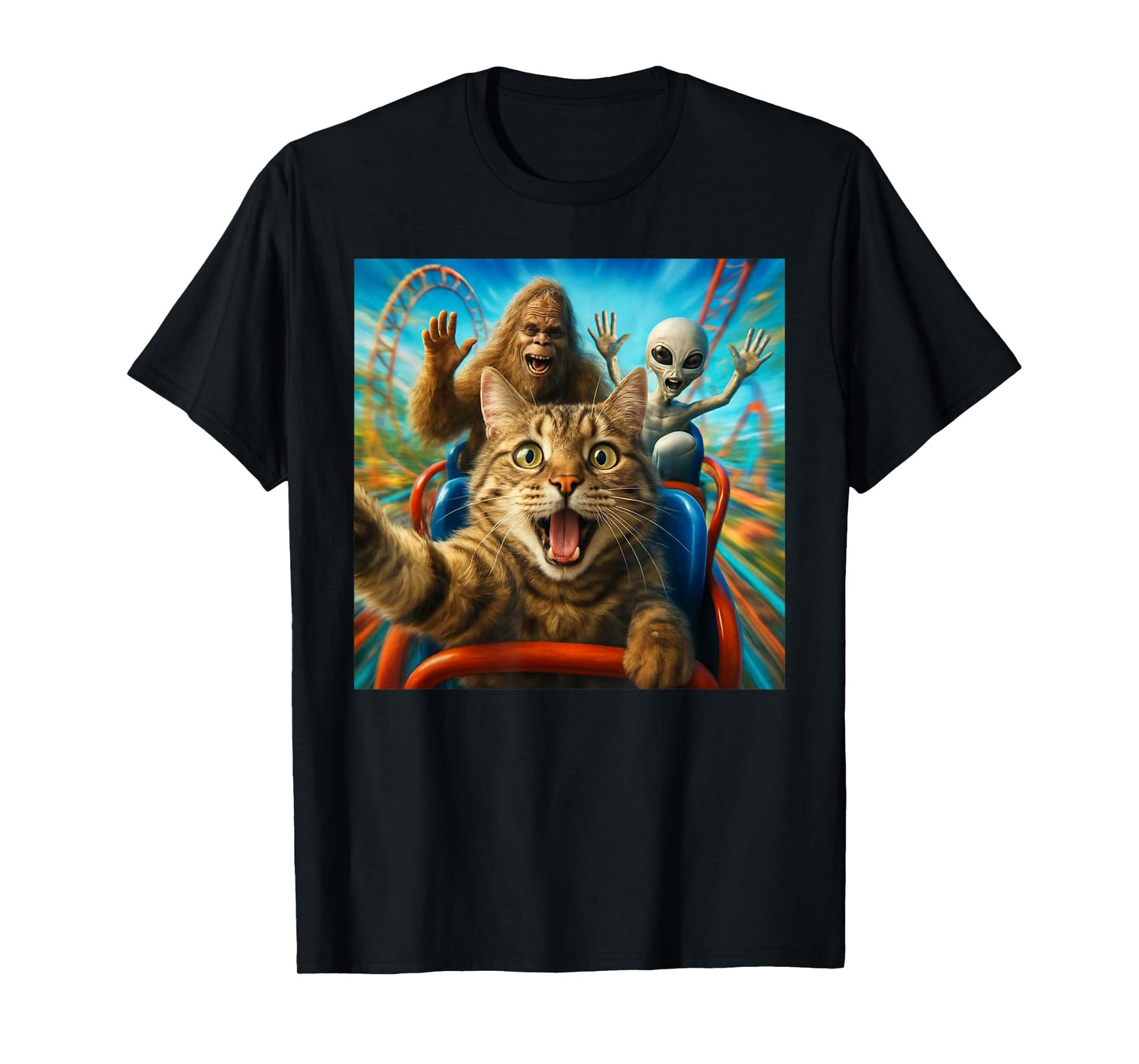 Funny Cat Selfie with Big Foot & Alien Roller Coaster Meme T-Shirt
