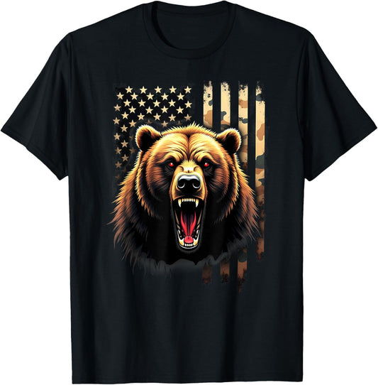 Patriotic American Flag Grizzly Bear T-Shirt
