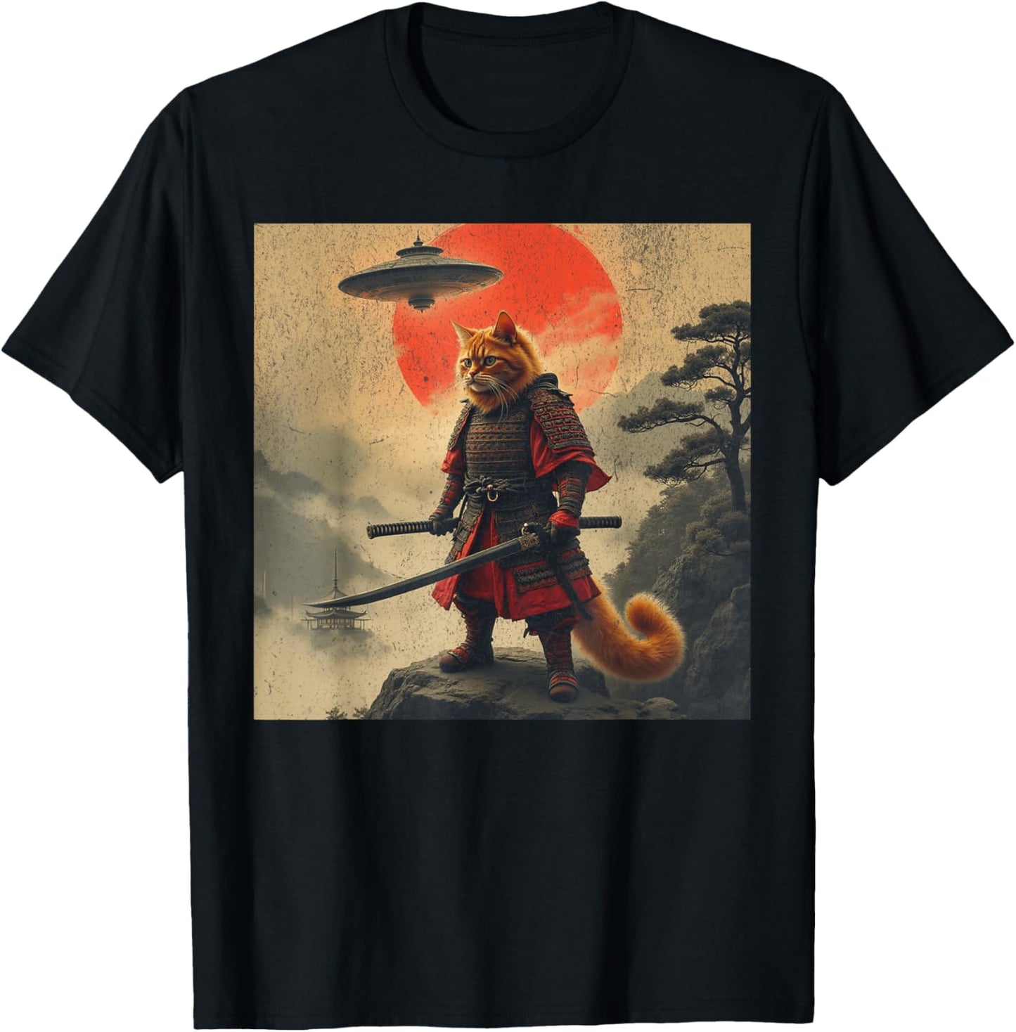 Samurai Orange Cat Warrior Japanese UFO Vintage Ukiyo-e Art T-Shirt