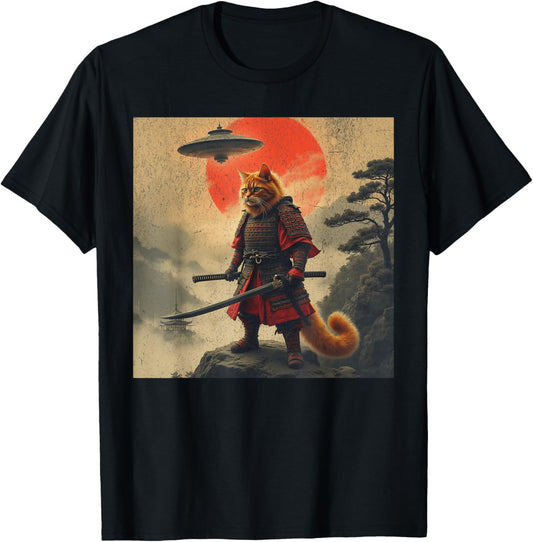 Samurai Orange Cat Warrior Japanese UFO Vintage Ukiyo-e Art T-Shirt
