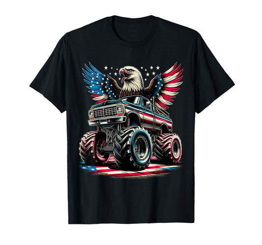 4th of July Boys Monster Truck Bald Eagle American Flag USA T-Shirt