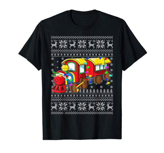 Ugly Sweater Xmas Lights Santa Hat Train Christmas T-Shirt