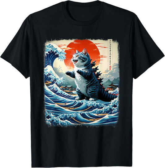 Japanese Cat Company Unisex-Adults Catzilla Cat Japanese Art Funny Cat Adventure T-Shirt, Black, Small, Short Sleeve