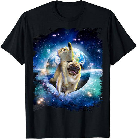 Cat Riding Pug Dog Space Galaxy Earth T-Shirt