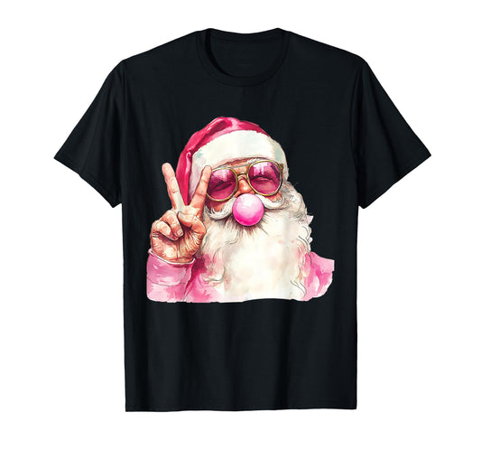 Cute Santa Christmas Blowing Bubble Gum With Pink Sunglasses T-Shirt
