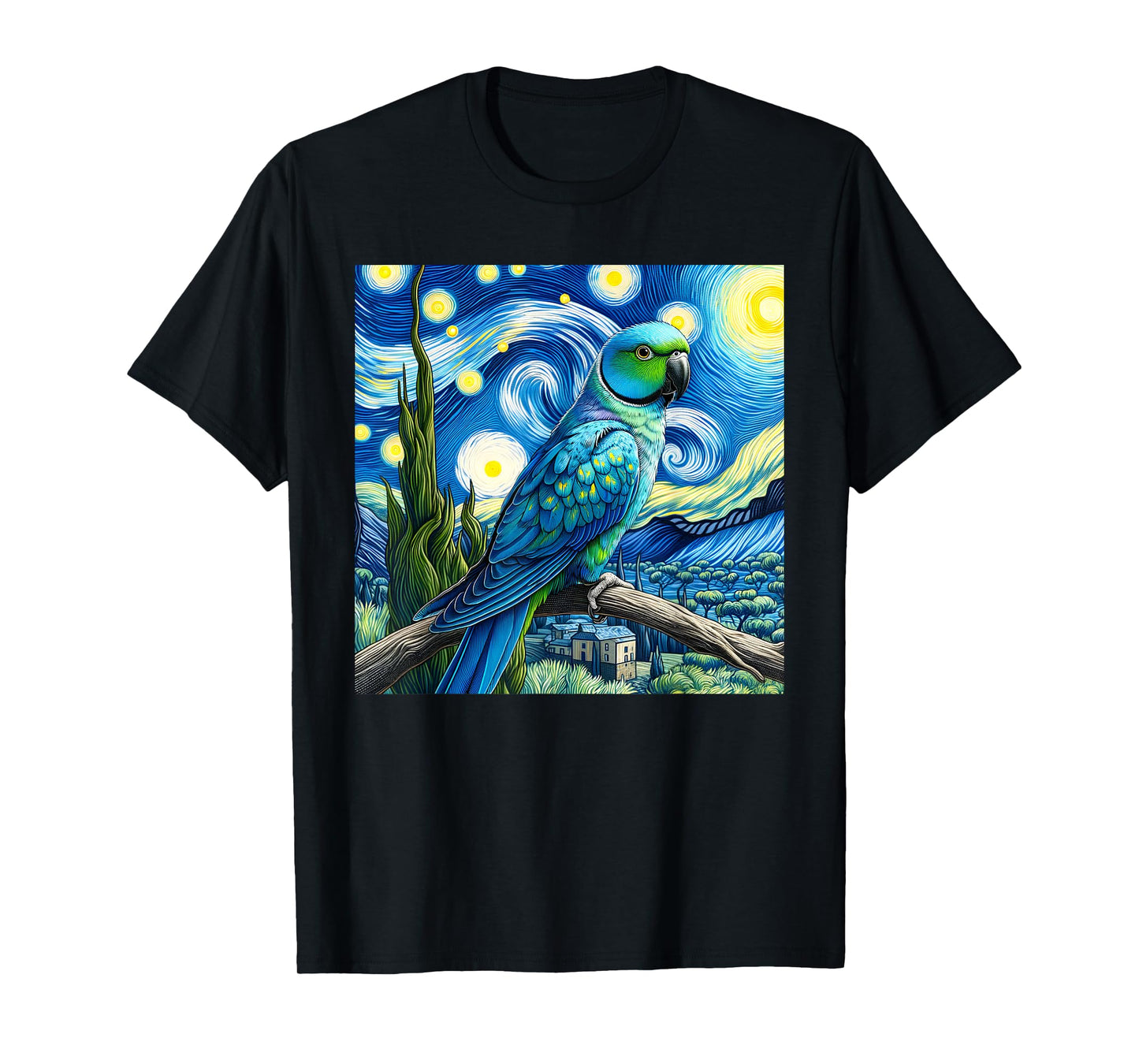 Blue Indian Ringneck Parrot Parakeet Starry Night Van Gogh T-Shirt