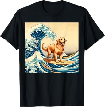 Golden Retriever Surfer With Surf Surfing The Great Wave T-Shirt