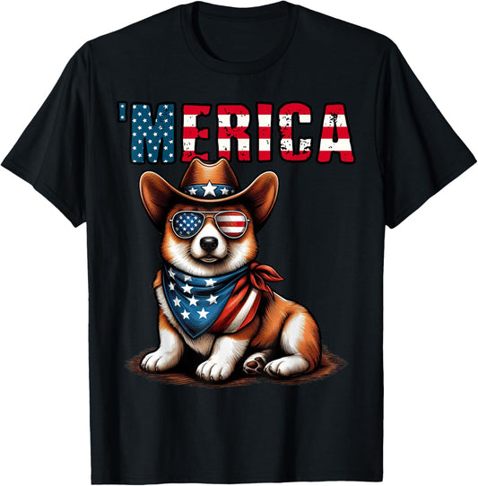 Merica Funny Corgi American Flag USA Patriotic 4th of July T-Shirt