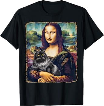 Black Cat Art Painting Apparel Gifts Graphic Tees Mona Lisa Cat Art Funny T-Shirt for Cat Lovers, Unisex-Adults, Kids, Black, Small, Short Sleeve, T-Shirt